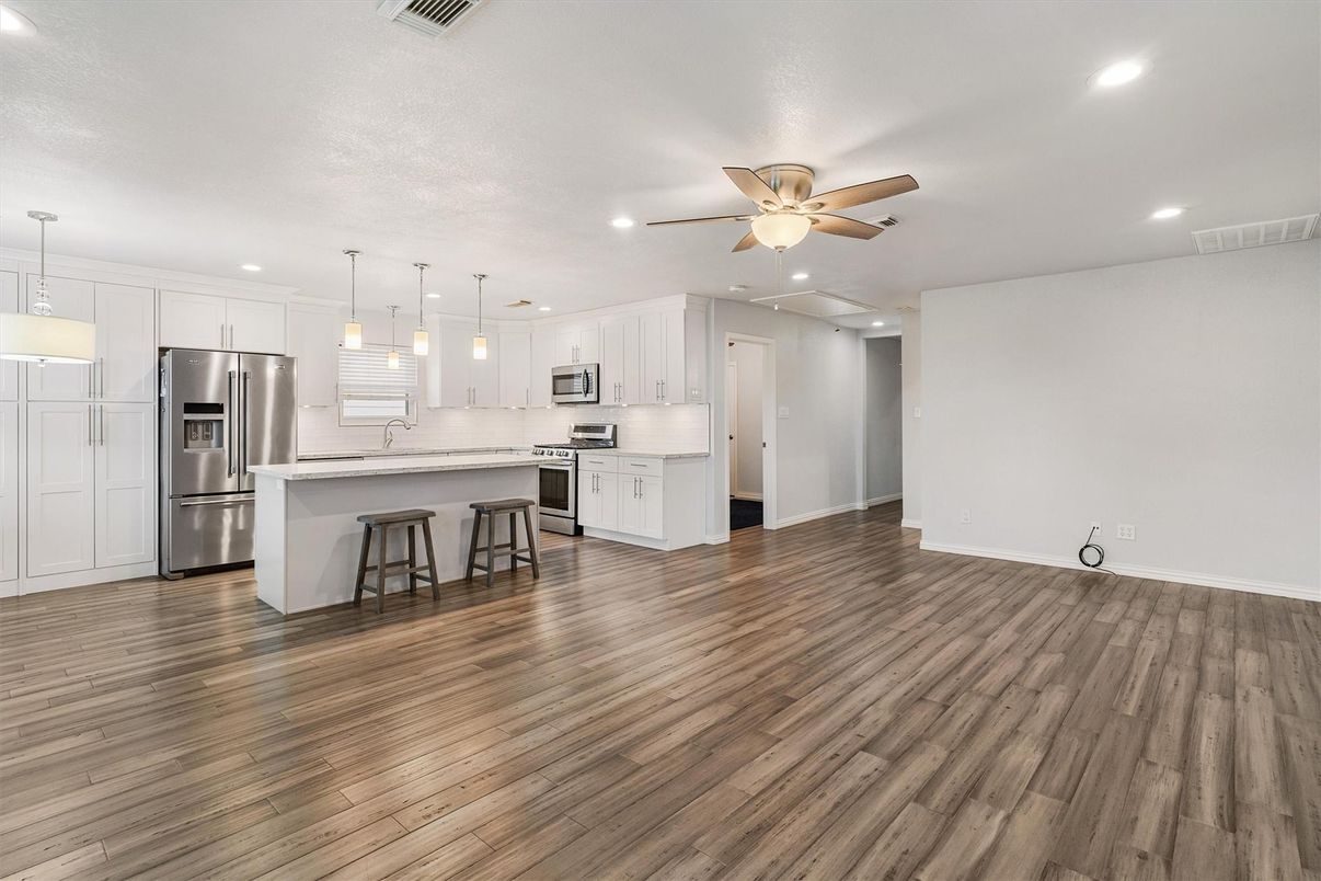 Interior, Kitchen, Pendant Lights, Recessed Lighting, Stainless Steel Appliances, Wood Texture Flooring
