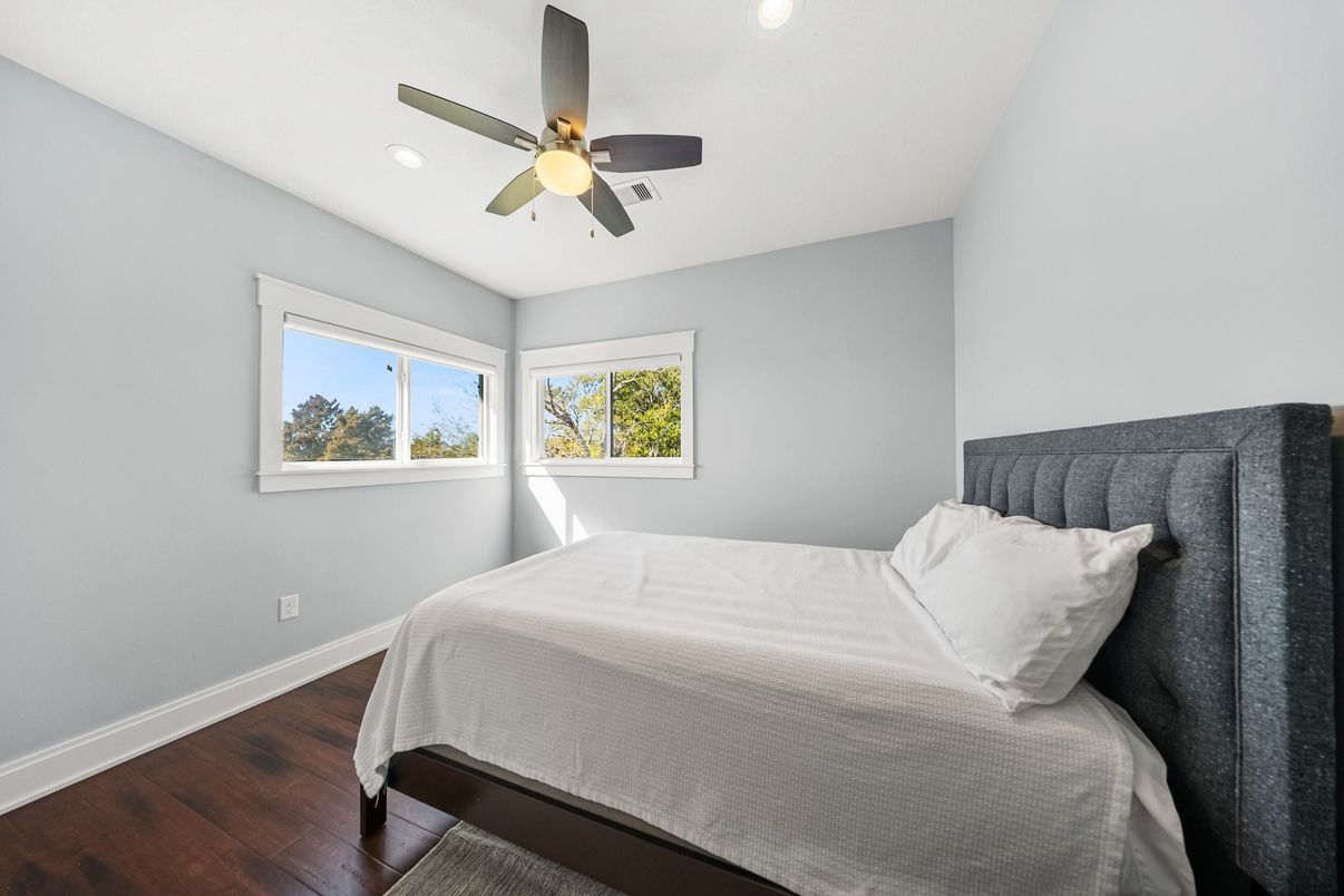 Bedroom, Interior, Recessed Lighting, Wood Texture Flooring