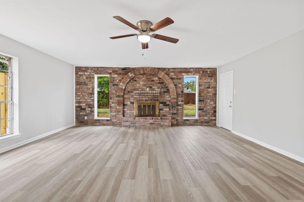 Empty room, Fireplace, Interior, Stone Walls, Wood Texture Flooring