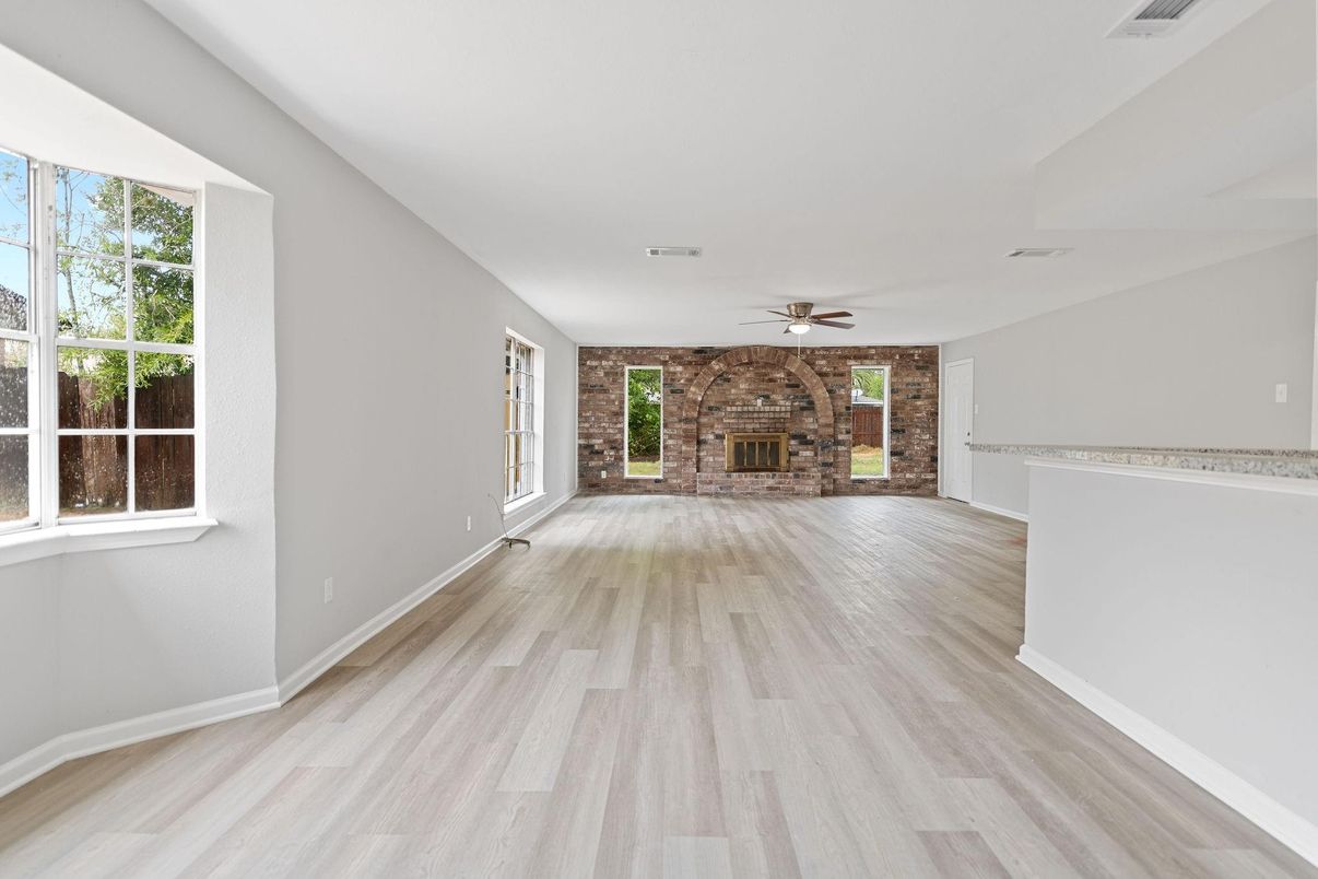 Empty room, Fireplace, Interior, Stone Walls, Wood Texture Flooring