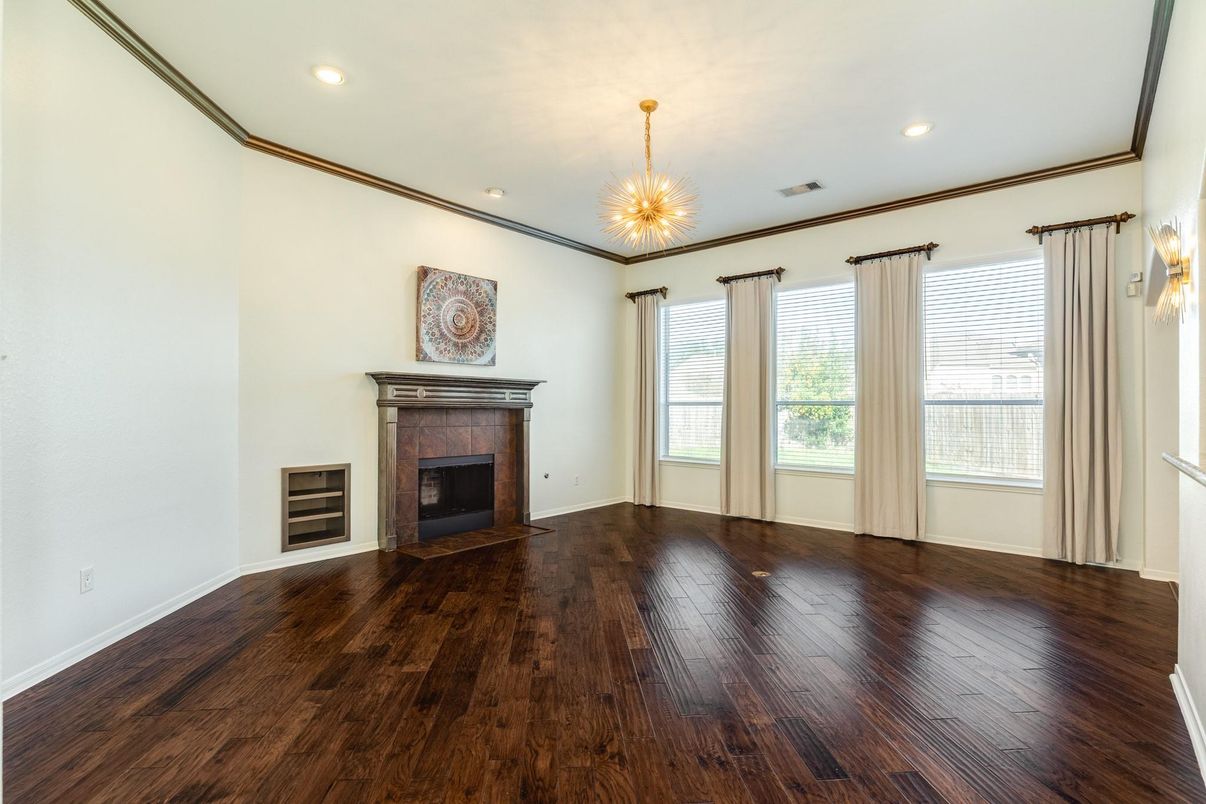 Empty room, Fireplace, Interior, Pendant Lights, Recessed Lighting, Wood Texture Flooring