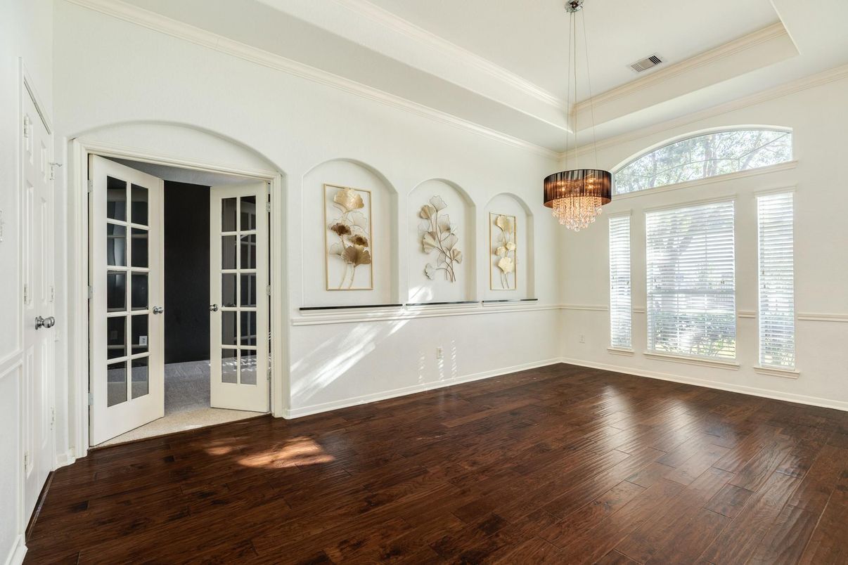 Chandelier, Empty room, Fireplace, Interior, Wood Texture Flooring