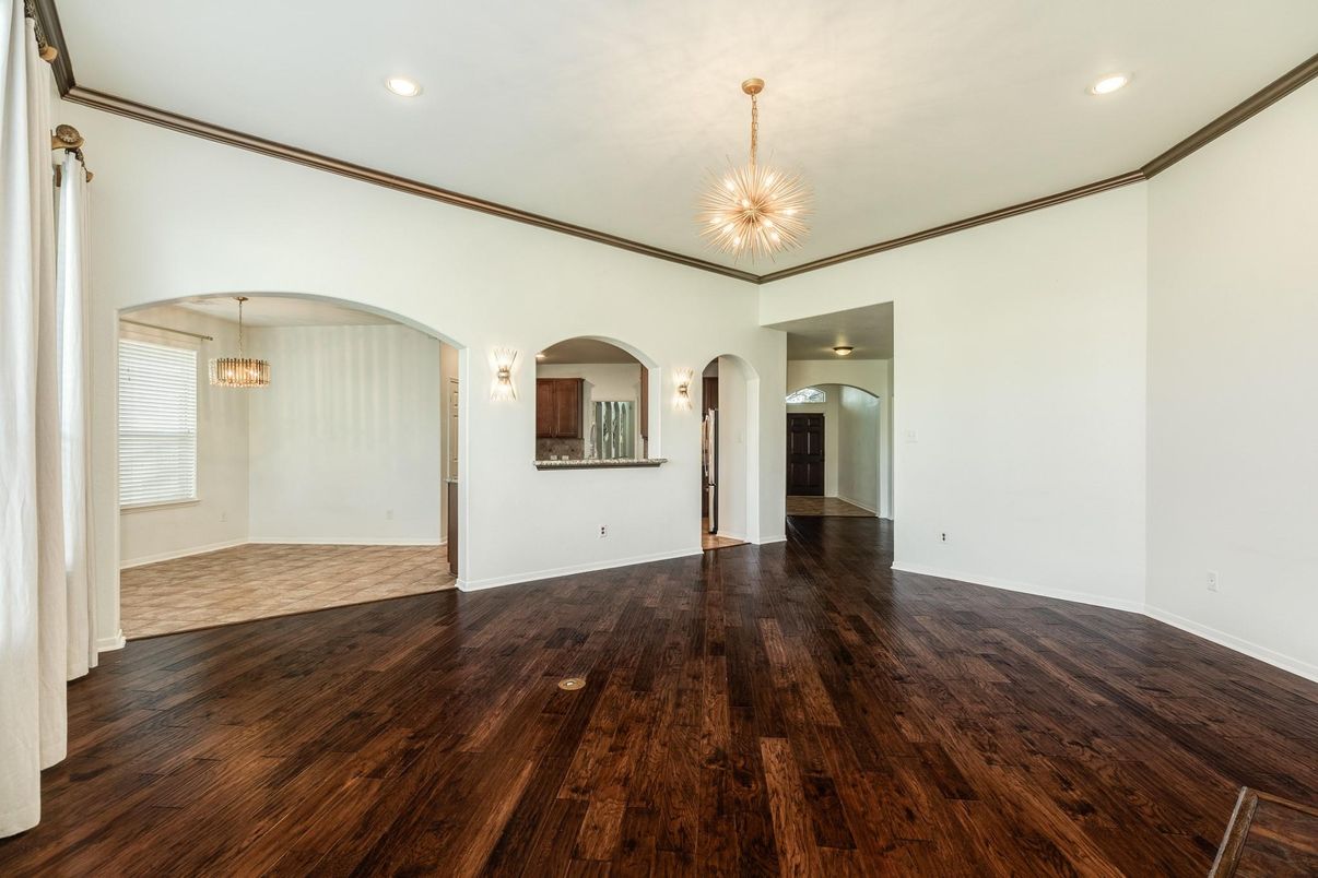 Empty room, Interior, Pendant Lights, Recessed Lighting, Wood Texture Flooring