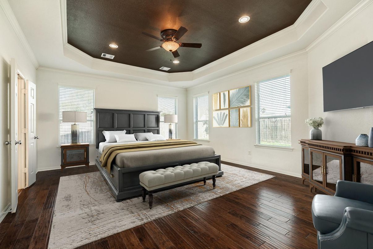 Bedroom, Interior, Recessed Lighting, Wood Texture Flooring