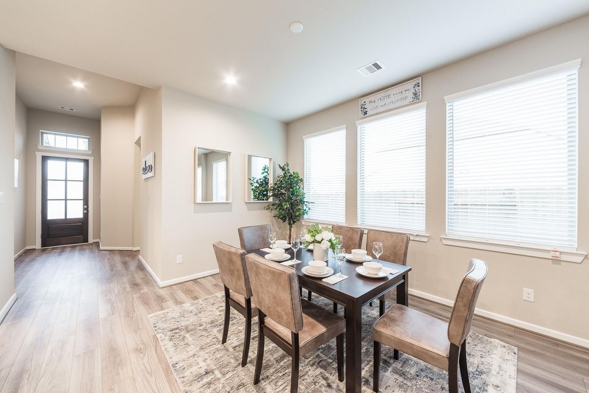 Dining room, Interior, Recessed Lighting, Wood Texture Flooring