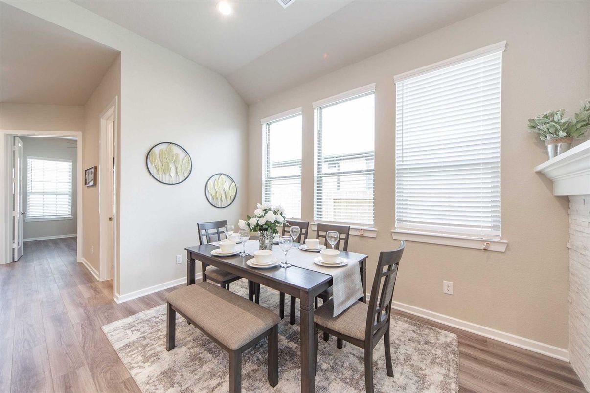 Dining room, Interior, Recessed Lighting, Wood Texture Flooring