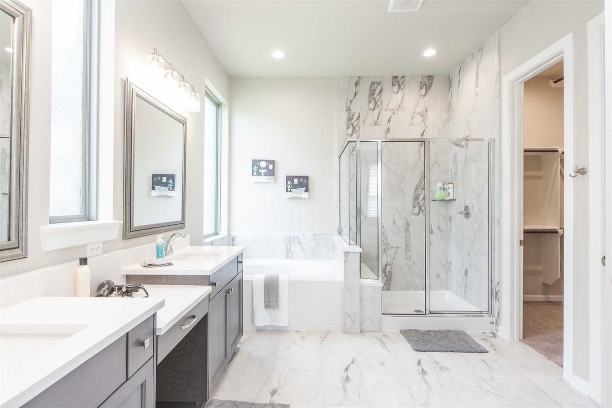 Bathroom, Dual Sink Vanities, Glass Shower, Interior, Marble, Marble Walls, Recessed Lighting