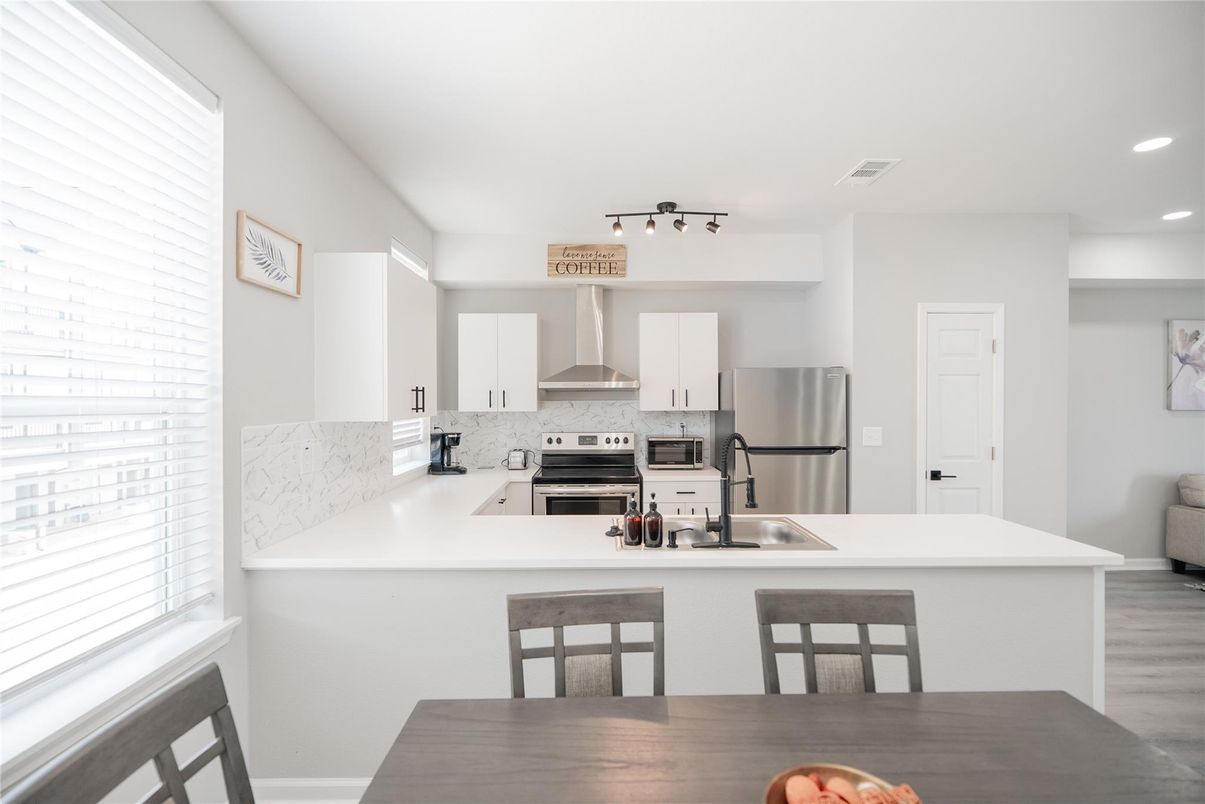 Interior, Kitchen, Recessed Lighting, Stainless Steel Appliances, Wood Texture Flooring