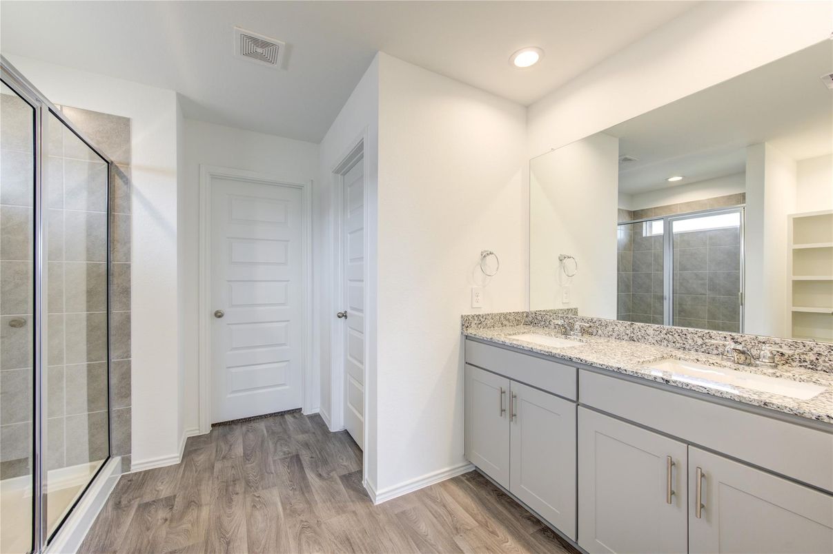 Bathroom, Glass Shower, Interior, Recessed Lighting, Wood Texture Flooring