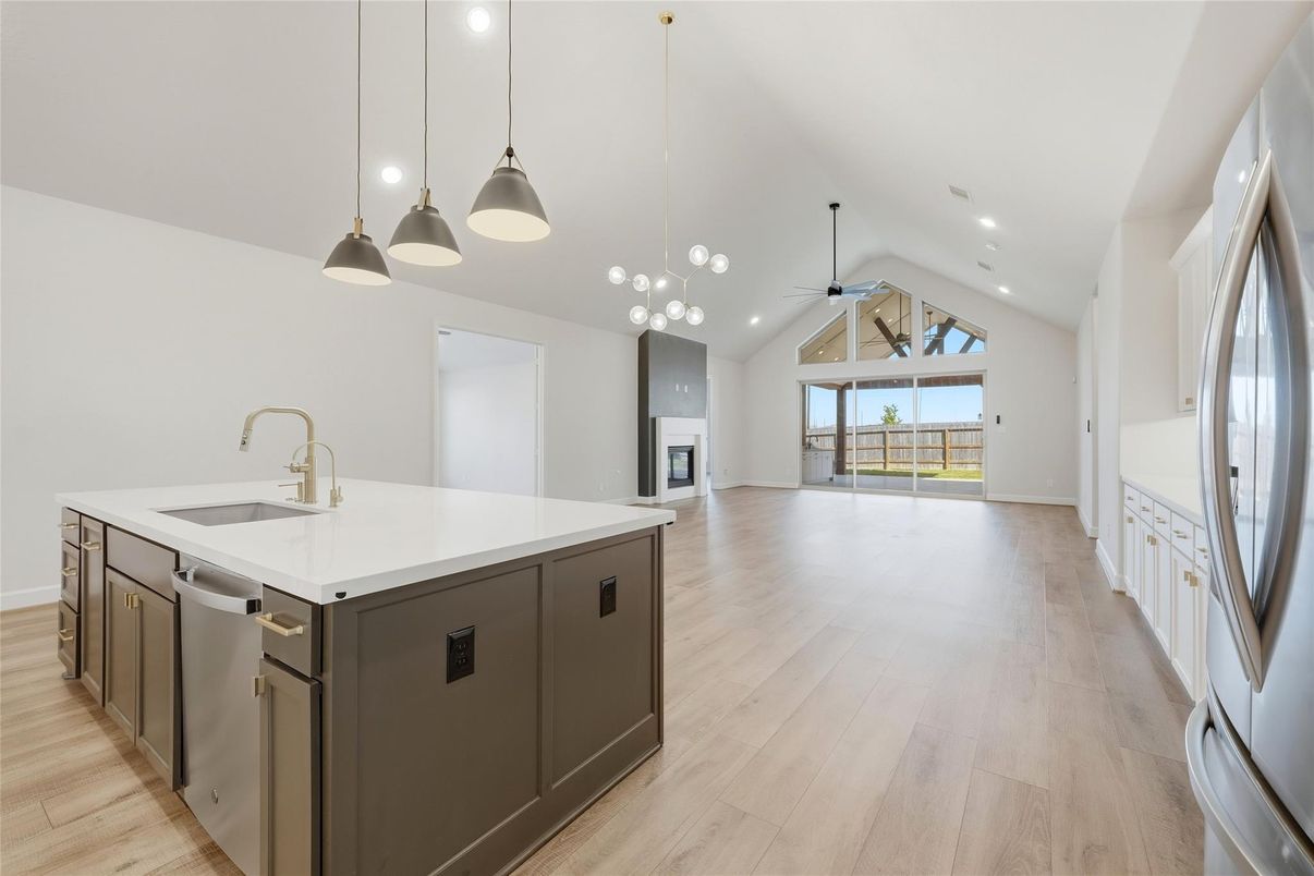 Interior, Kitchen, Pendant Lights, Recessed Lighting, Wood Texture Flooring