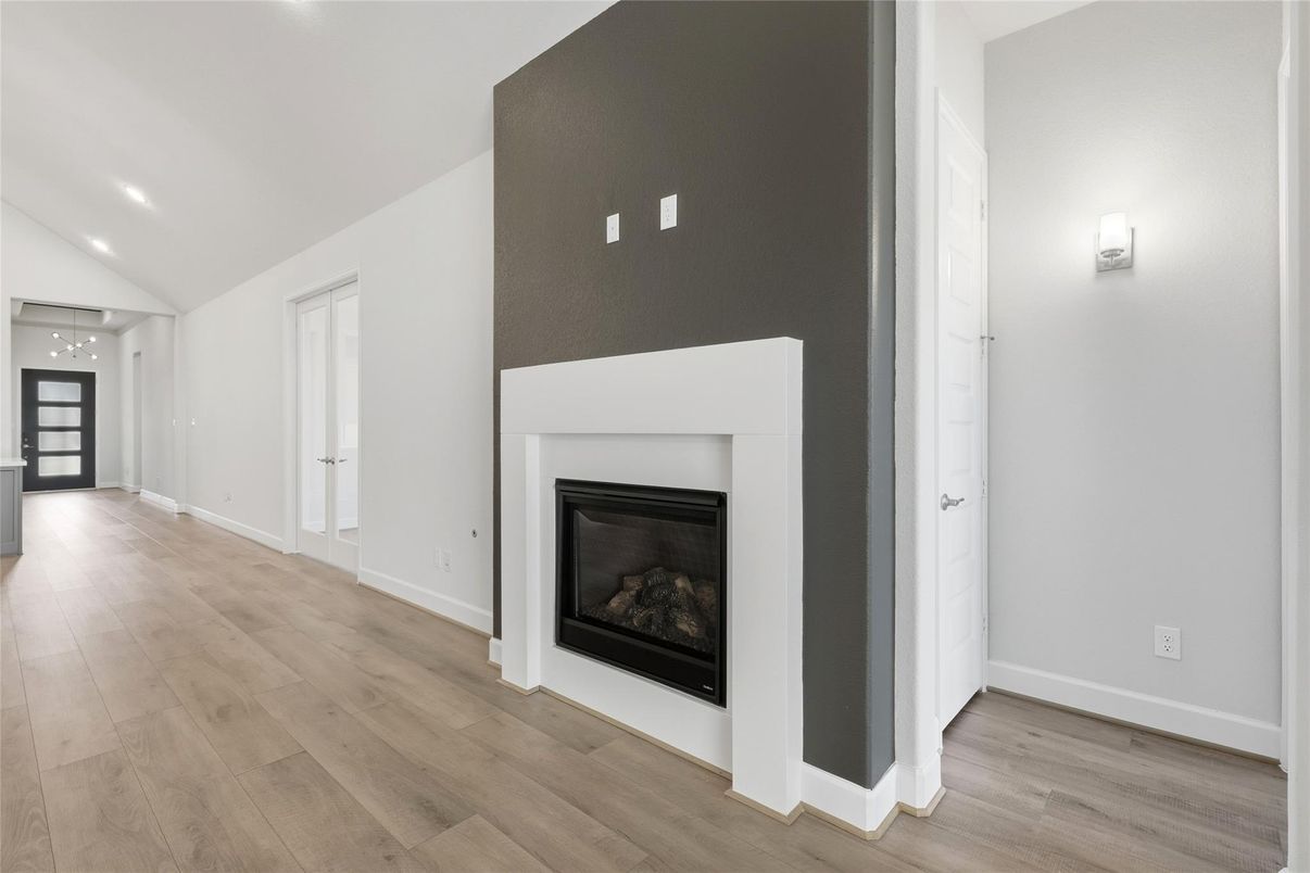Empty room, Fireplace, Interior, Recessed Lighting, Wood Texture Flooring