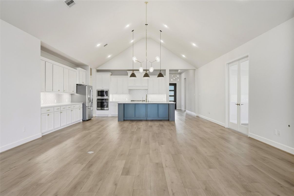 Interior, Kitchen, Pendant Lights, Recessed Lighting, Stainless Steel Appliances, Wood Texture Flooring