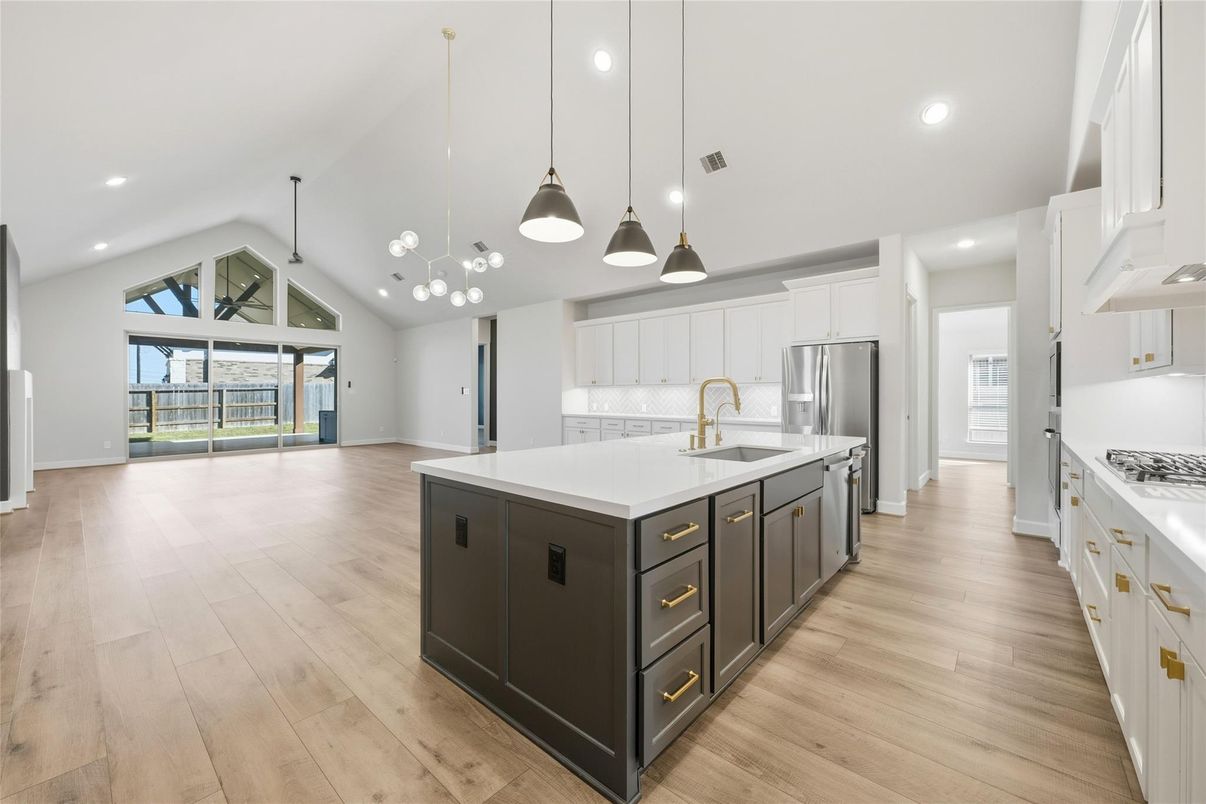 Interior, Kitchen, Pendant Lights, Recessed Lighting, Stainless Steel Appliances, Wood Texture Flooring