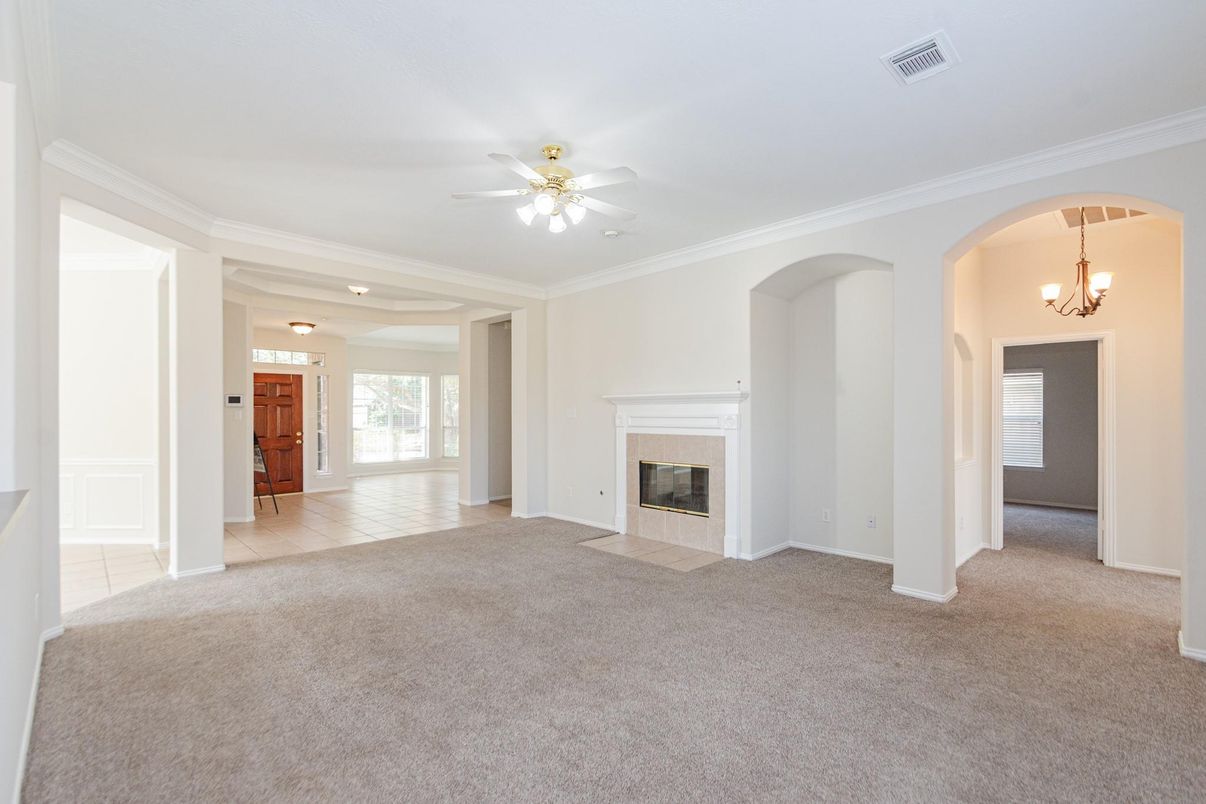 Chandelier, Empty room, Fireplace, Interior