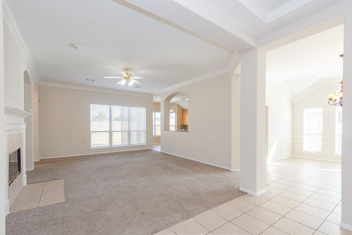 Chandelier, Empty room, Fireplace, Interior