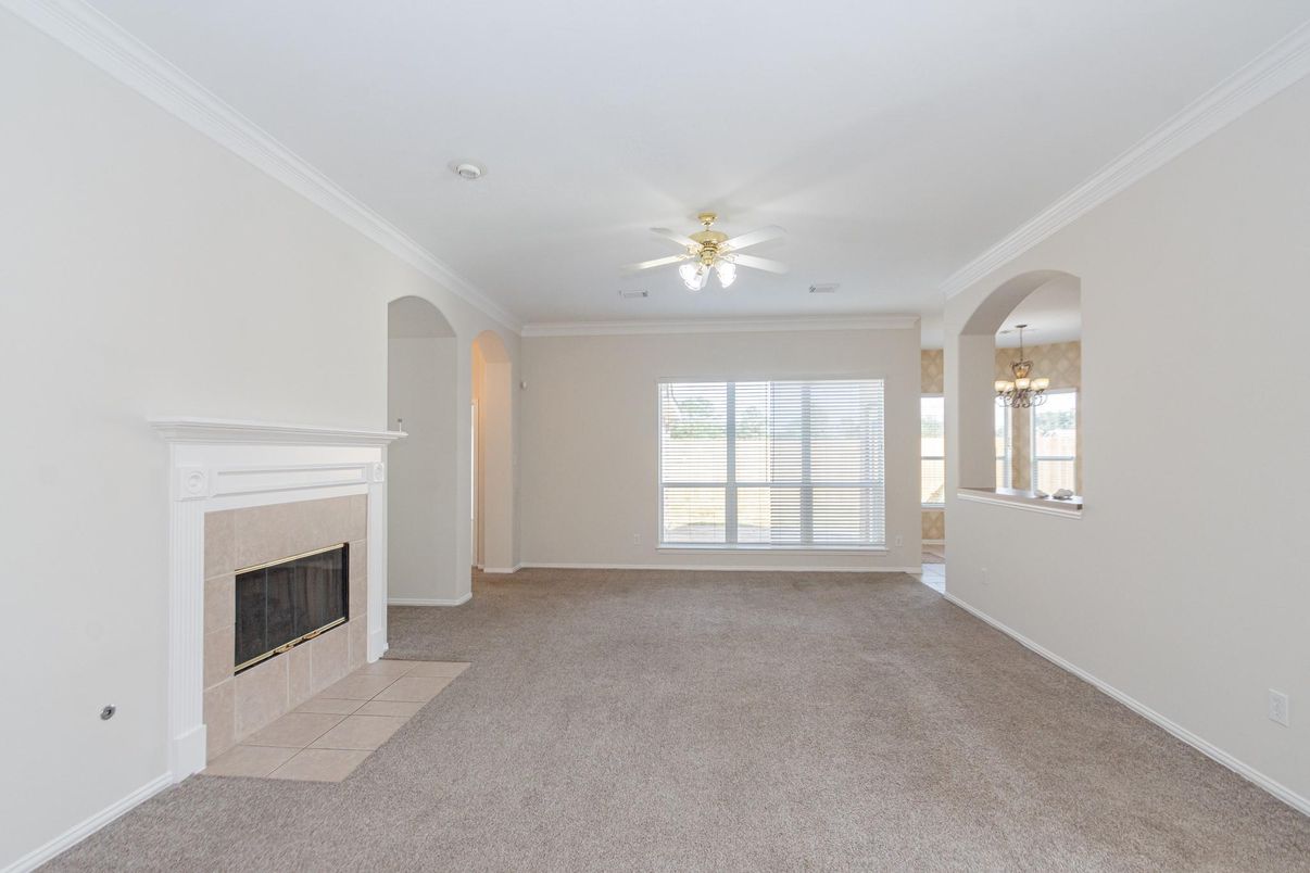 Chandelier, Empty room, Fireplace, Interior