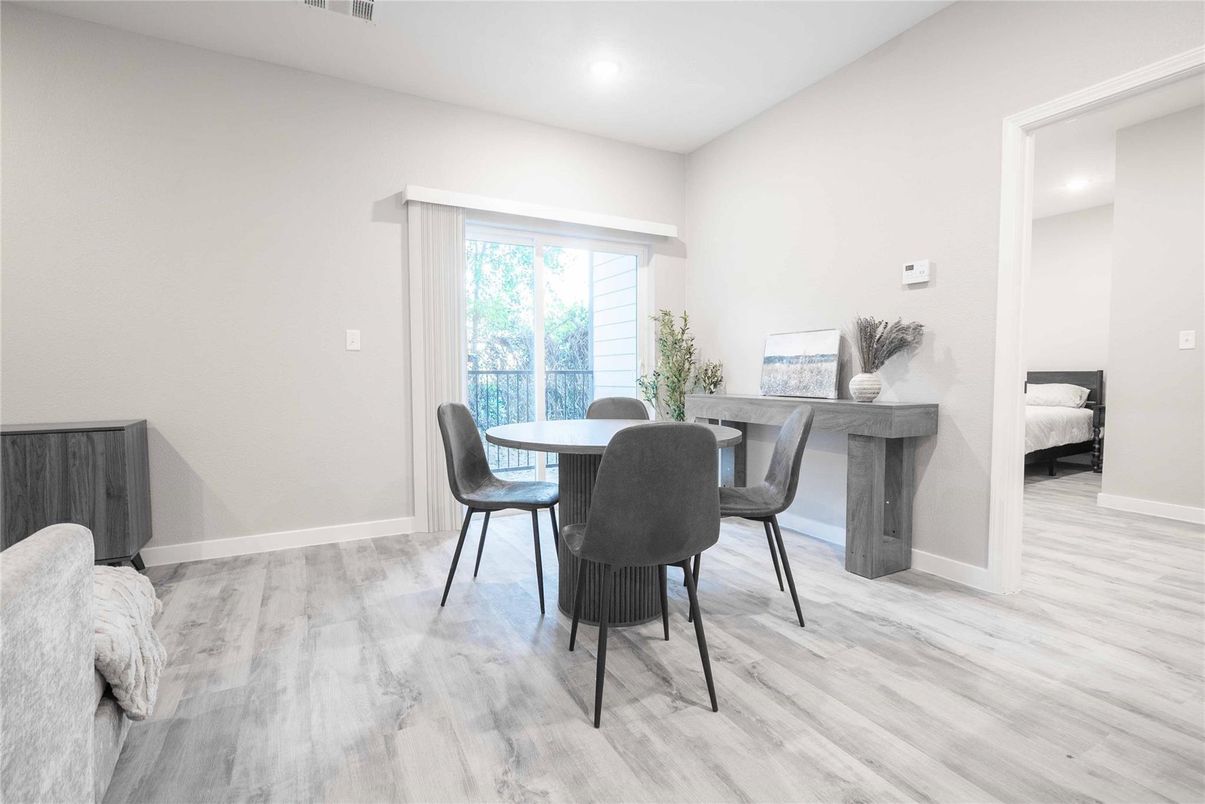 Dining room, Interior, Recessed Lighting, Wood Texture Flooring