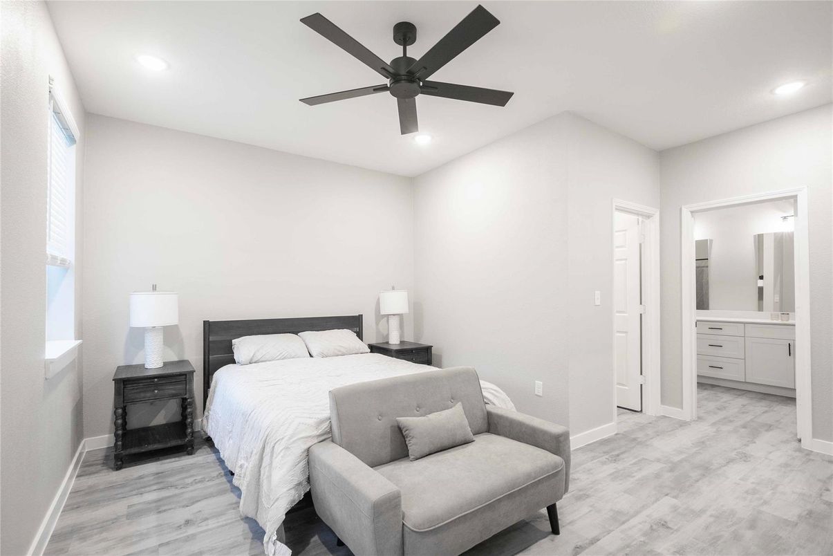 Bedroom, Interior, Recessed Lighting, Wood Texture Flooring