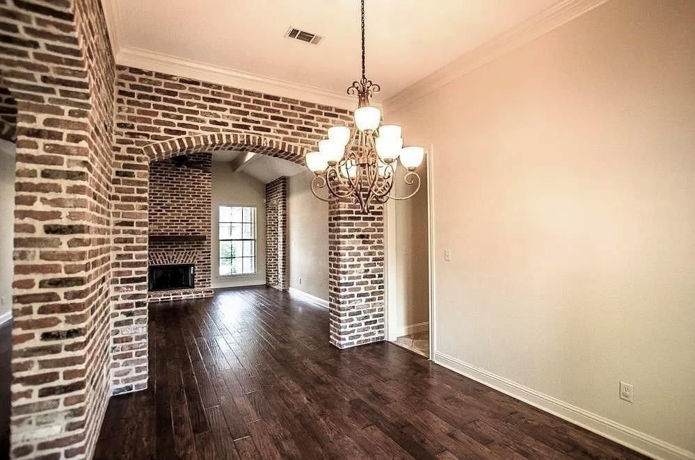 Chandelier, Empty room, Fireplace, Interior, Stone Walls, Wood Texture Flooring