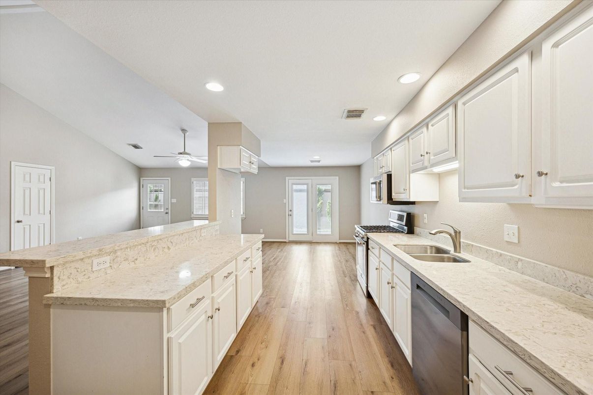 Interior, Kitchen, Recessed Lighting, Wood Texture Flooring