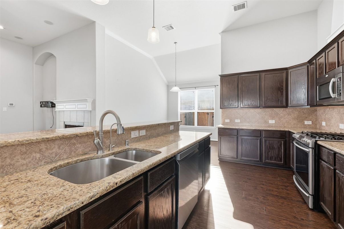 Interior, Kitchen, Pendant Lights, Recessed Lighting, Wood Texture Flooring