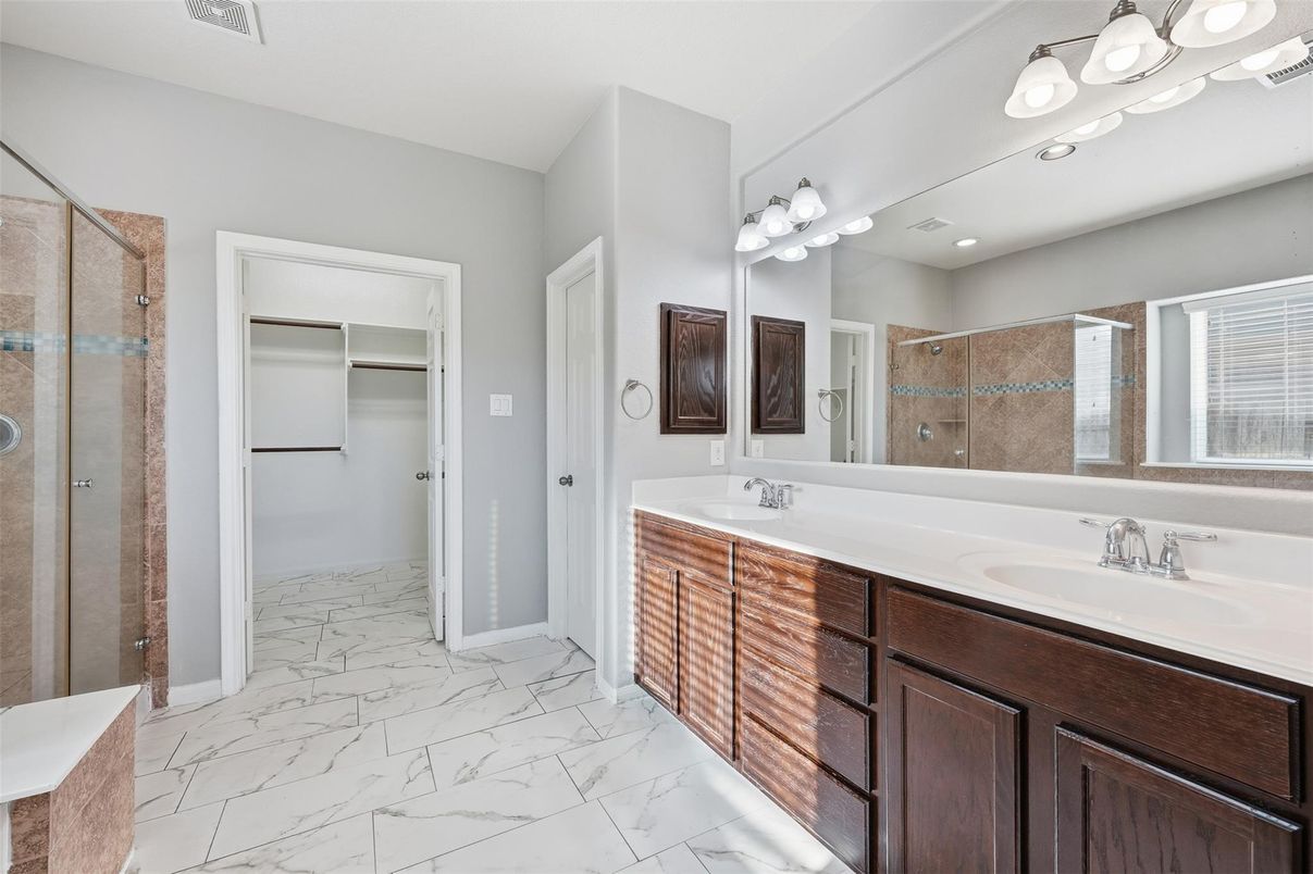 Bathroom, Dual Sink Vanities, Glass Shower, Interior, Marble