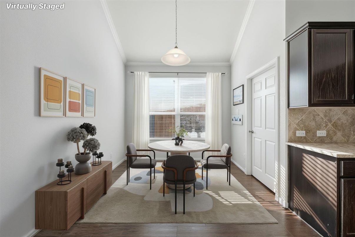 Dining room, Interior, Pendant Lights, Wood Texture Flooring