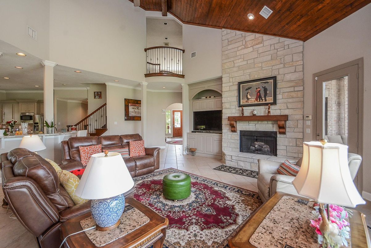 Fireplace, Interior, Kitchen, Living room, Recessed Lighting, Stone Walls, Wooden Ceilings