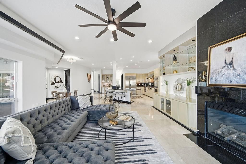 Dining room, Fireplace, Interior, Kitchen, Living room, Recessed Lighting