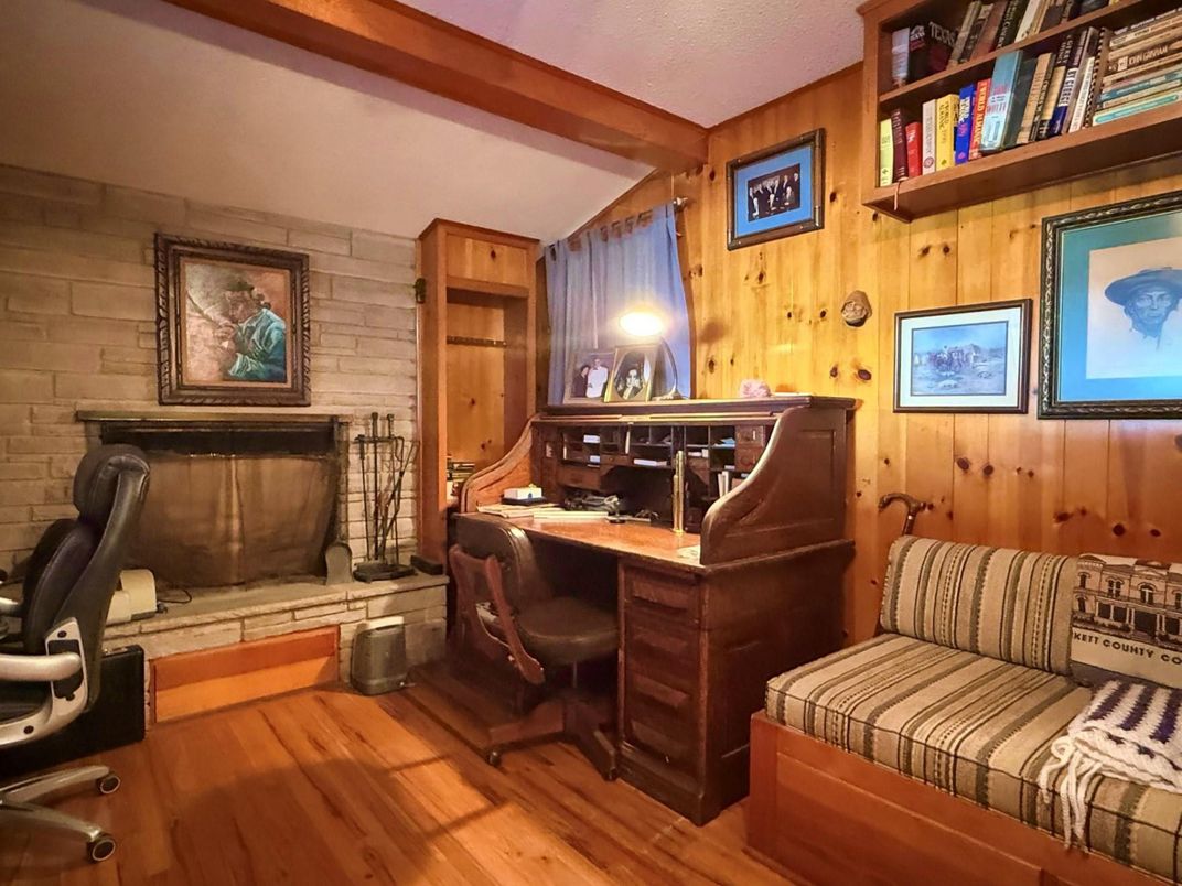 Fireplace, Home Office, Interior, Stone Walls, Wood Texture Flooring, Wooden Walls