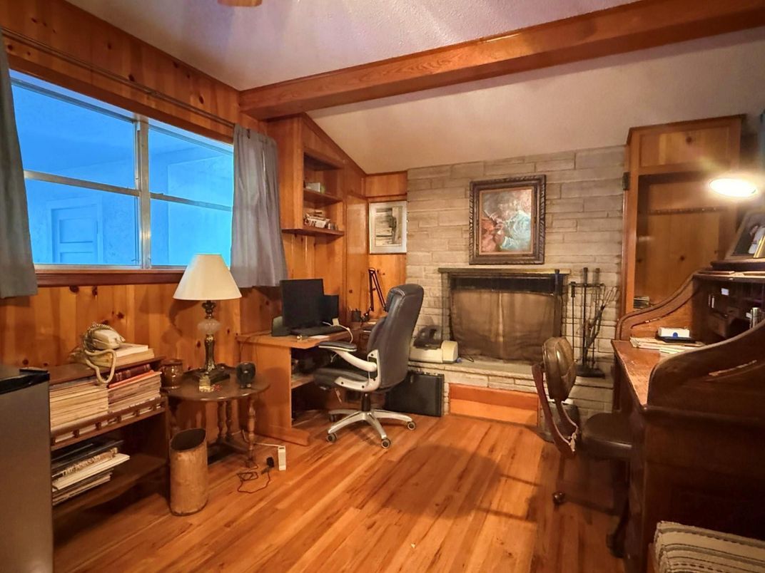 Fireplace, Home Office, Interior, Stone Walls, Wooden Beams, Wood Texture Flooring, Wooden Walls