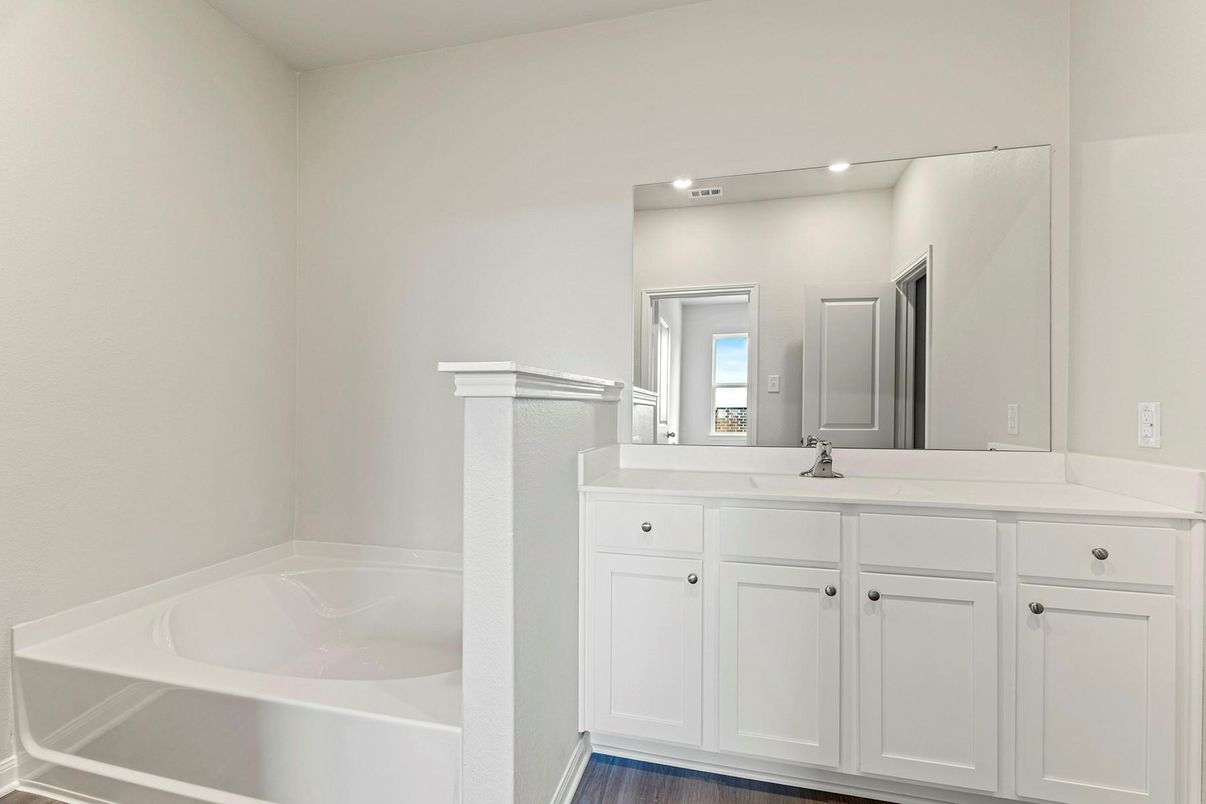 Bathroom, Dual Sink Vanities, Interior, Recessed Lighting, Wood Texture Flooring
