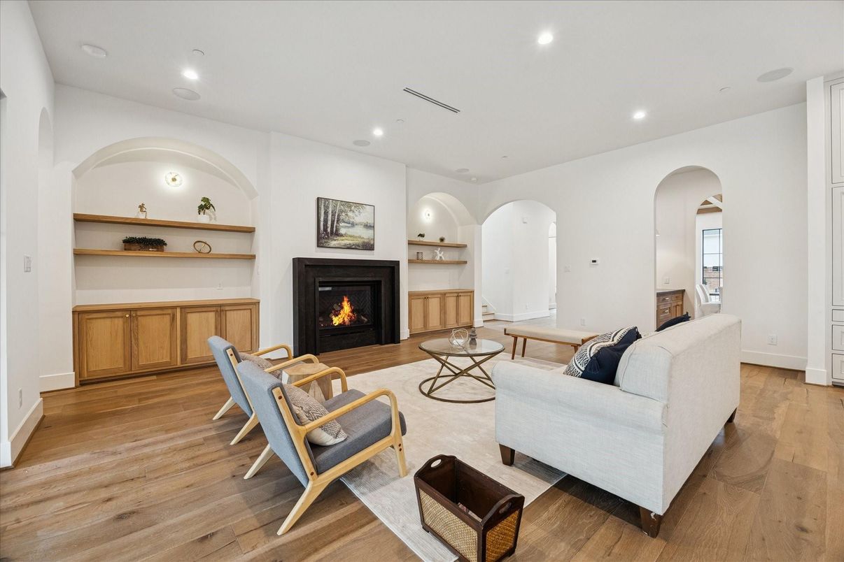 Fireplace, Interior, Living room, Recessed Lighting, Wood Texture Flooring