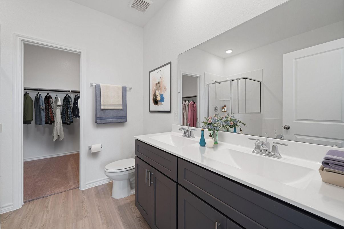 Bathroom, Dual Sink Vanities, Interior, Recessed Lighting, Wood Texture Flooring