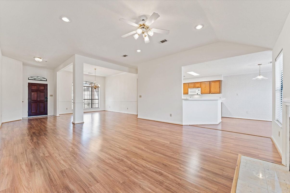 Empty room, Interior, Kitchen, Pendant Lights, Recessed Lighting, Wood Texture Flooring