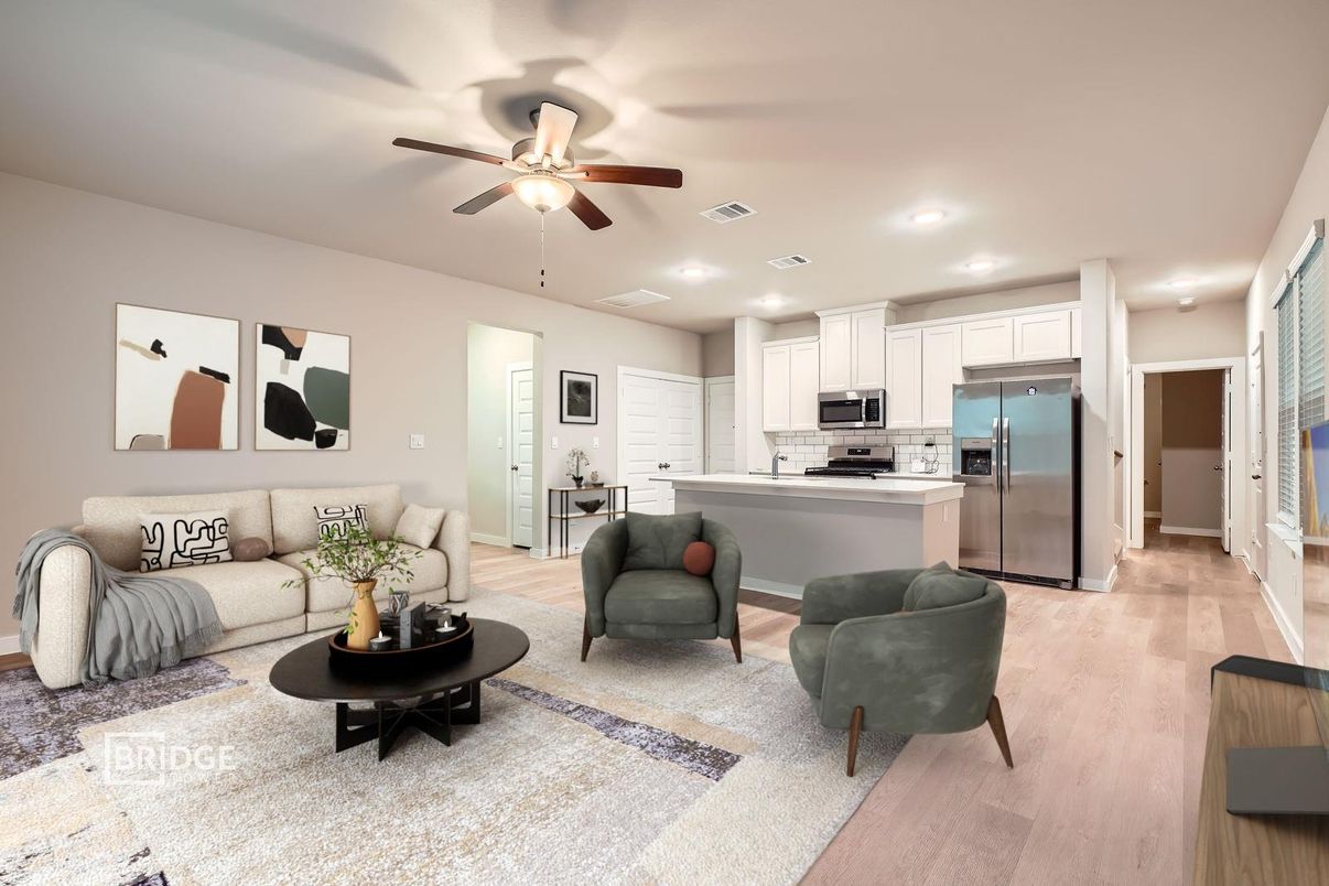 Interior, Kitchen, Living room, Recessed Lighting, Stainless Steel Appliances, Wood Texture Flooring