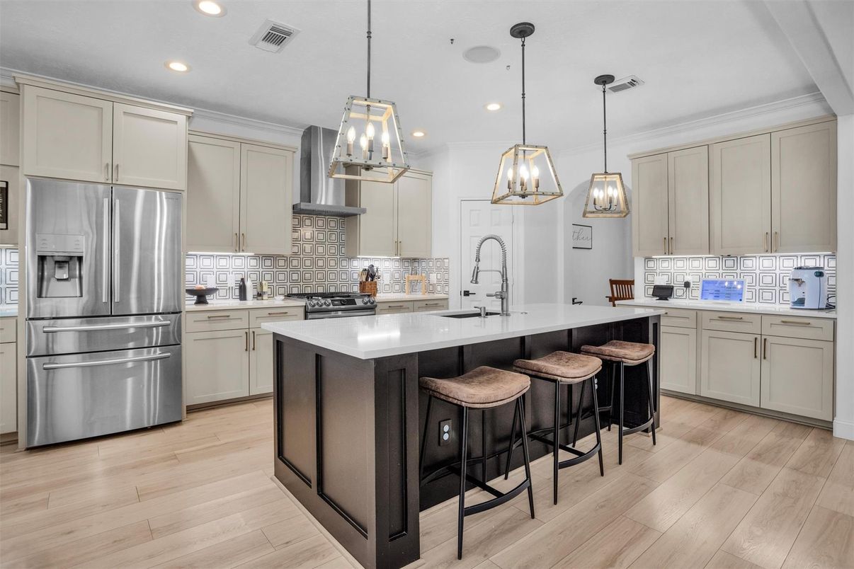 Interior, Kitchen, Pendant Lights, Recessed Lighting, Stainless Steel Appliances, Wood Texture Flooring