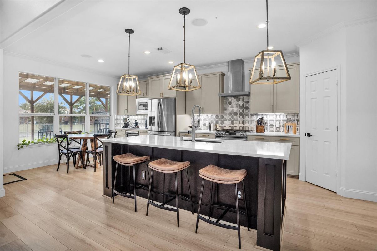 Interior, Kitchen, Pendant Lights, Recessed Lighting, Stainless Steel Appliances, Wood Texture Flooring