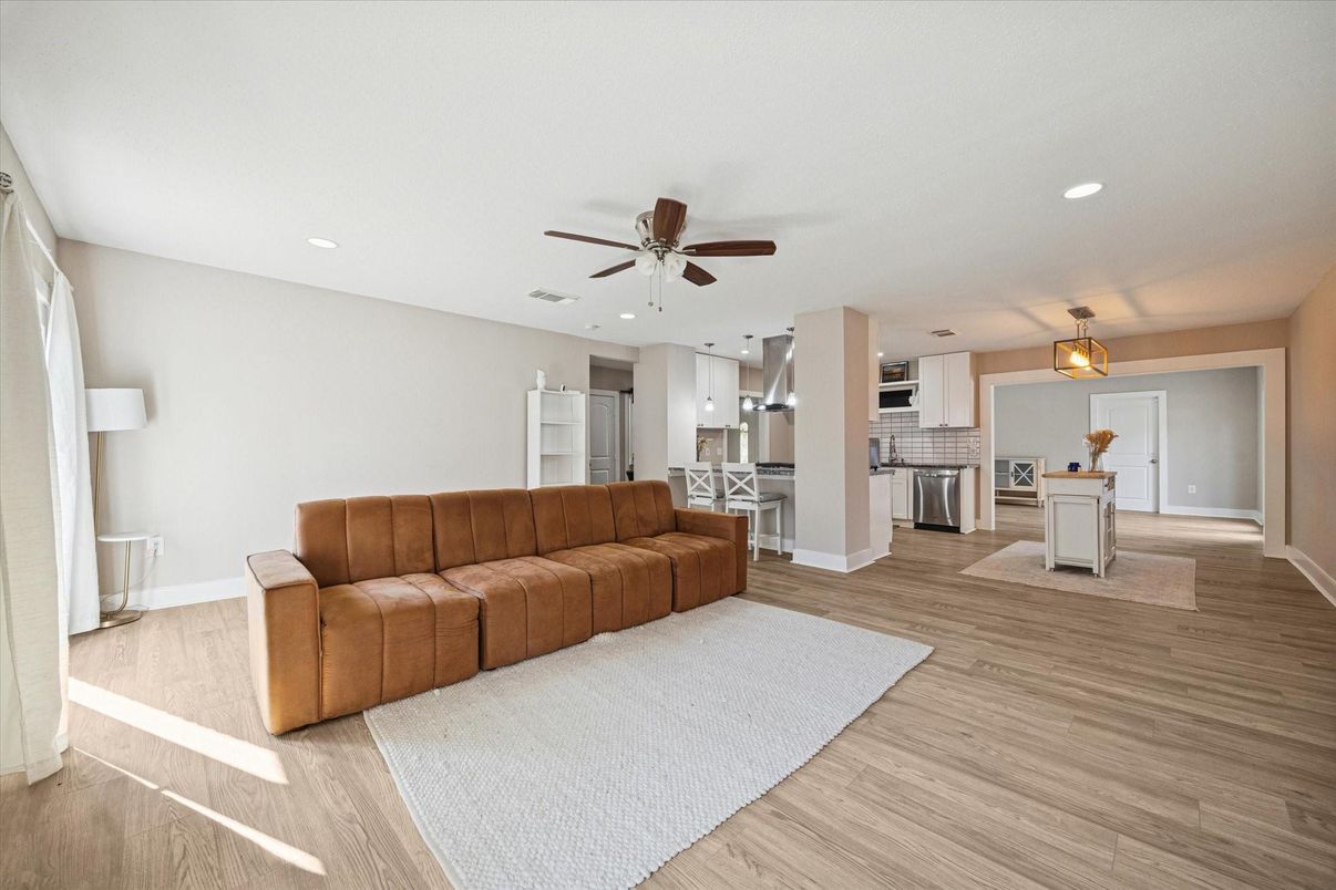 Interior, Kitchen, Living room, Pendant Lights, Recessed Lighting, Stainless Steel Appliances, Wood Texture Flooring