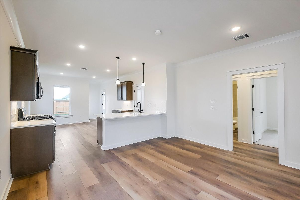 Interior, Kitchen, Pendant Lights, Recessed Lighting, Wood Texture Flooring