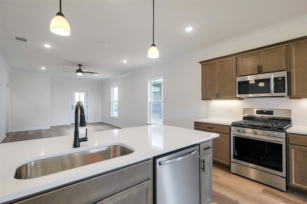 Interior, Kitchen, Pendant Lights, Recessed Lighting, Stainless Steel Appliances, Wood Texture Flooring