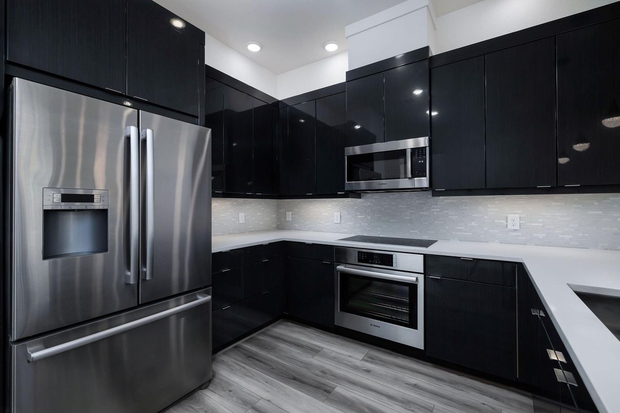 Interior, Kitchen, Recessed Lighting, Stainless Steel Appliances, Wood Texture Flooring