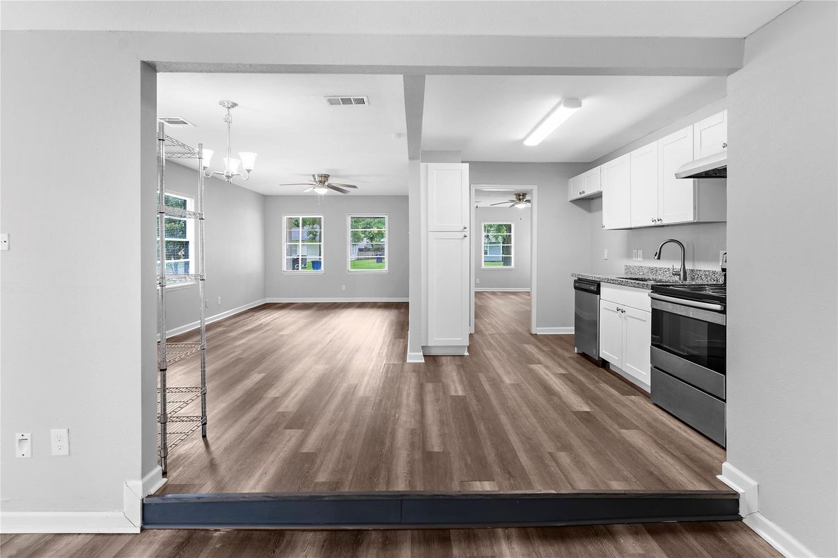 Chandelier, Interior, Kitchen, Pendant Lights, Wood Texture Flooring