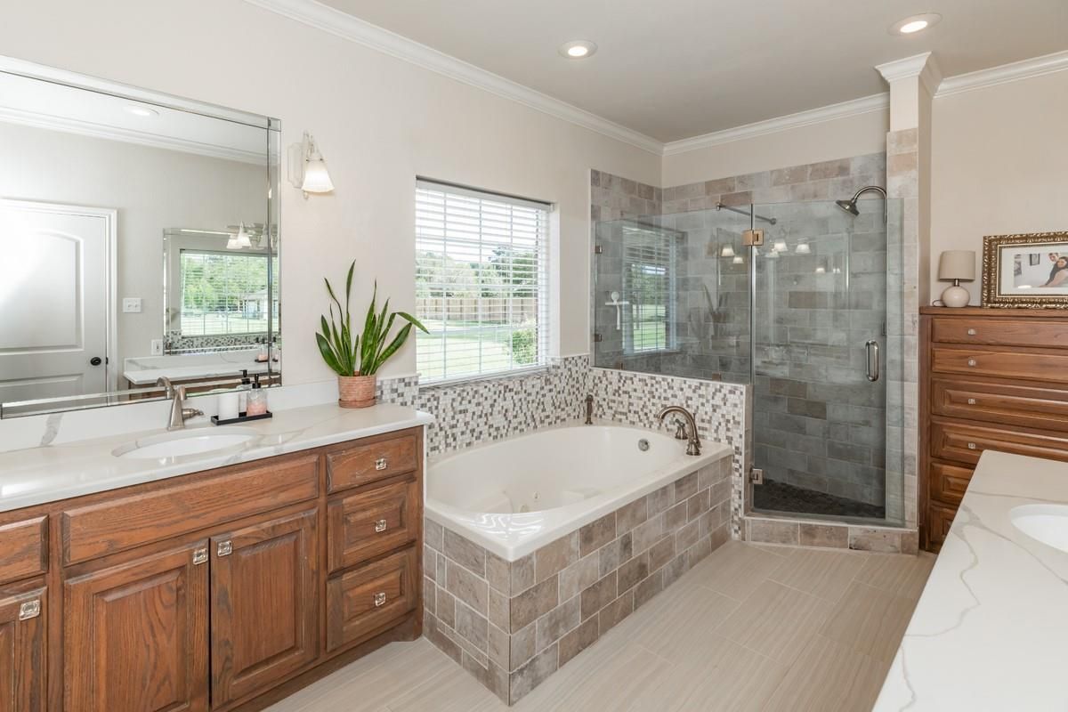 Bathroom, Dual Sink Vanities, Glass Shower, Interior, Recessed Lighting