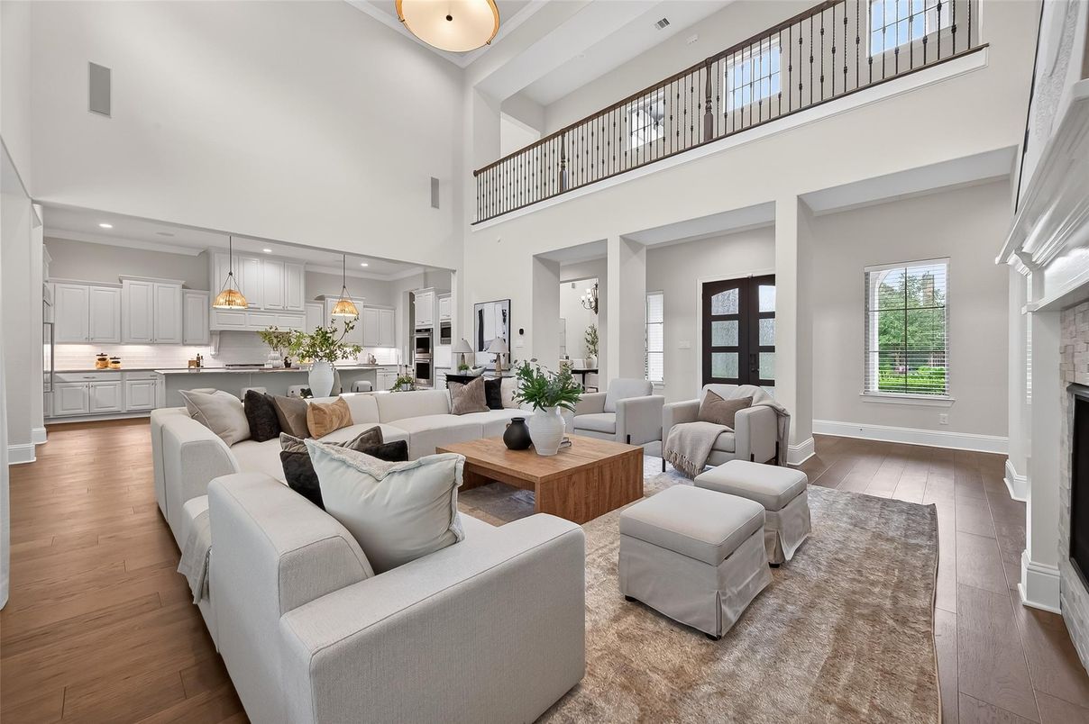 Fireplace, Interior, Kitchen, Living room, Pendant Lights, Recessed Lighting, Wood Texture Flooring