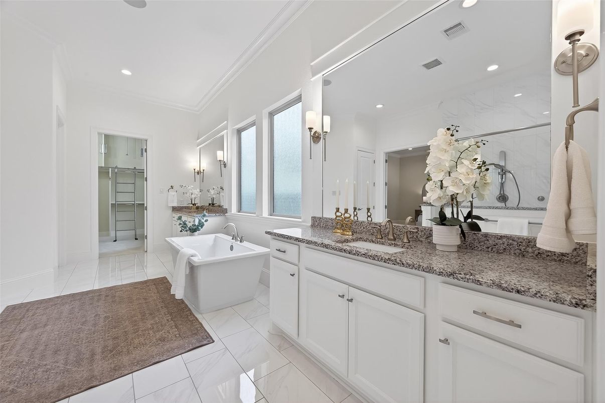 Bathroom, Dual Sink Vanities, Free Standing Baths, Interior, Marble, Marble Walls, Recessed Lighting