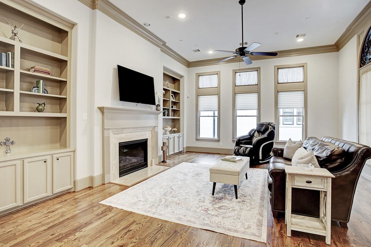 Fireplace, Interior, Living room, Recessed Lighting, Wood Texture Flooring