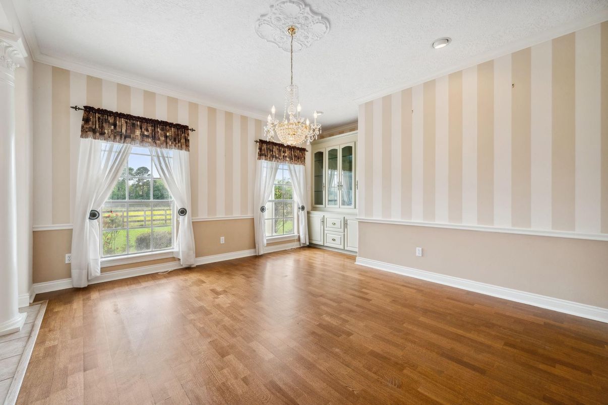 Chandelier, Empty room, Interior, Recessed Lighting, Wood Texture Flooring