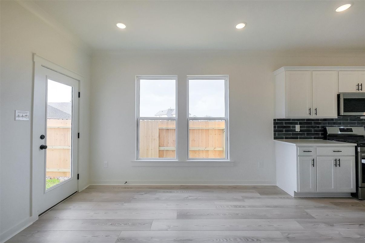 Empty room, Interior, Kitchen, Recessed Lighting, Wood Texture Flooring
