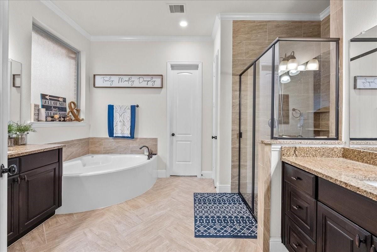 Bathroom, Glass Shower, Interior, Recessed Lighting, Wood Texture Flooring